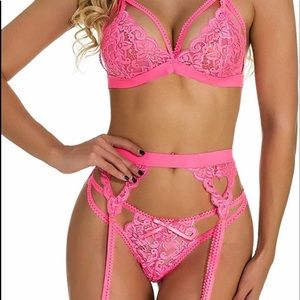 Women Lingerie Sets with Garter Belt 3 Piece set Hot Pink Lace Teddy Babydoll